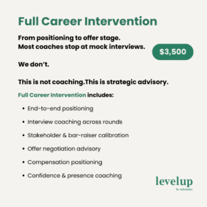 Multiple rounds. Stakeholder calibration. Offer negotiations. That's a lot to handle on your own. The financial impact of a poorly handled transition can exceed six figures in opportunity cost over time. This engagement exists to reduce that risk and guide you strategically from positioning through to final decision. Not just until the first interview.